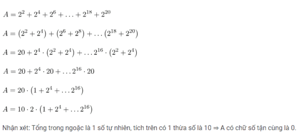 Chứng minh A=2^2+2^4+2^6+...+2^18+2^20 có chữ số tận cùng là 0