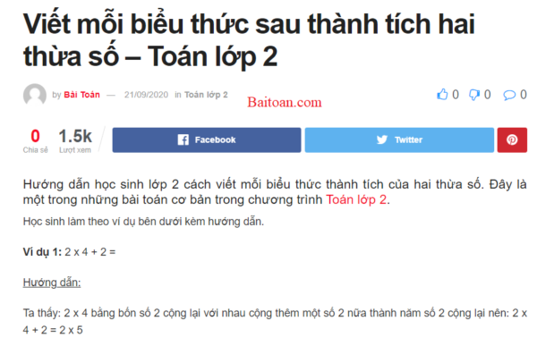 Viết mỗi biểu thức sau thành tích hai thừa số - Toán lớp 2