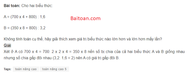 Bài tập so sánh giá trị của 2 biểu thức