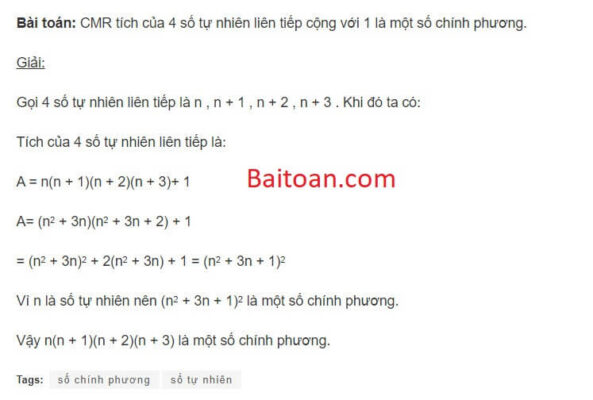 CMR tích của 4 số tự nhiên liên tiếp cộng với 1 là một số chính phương