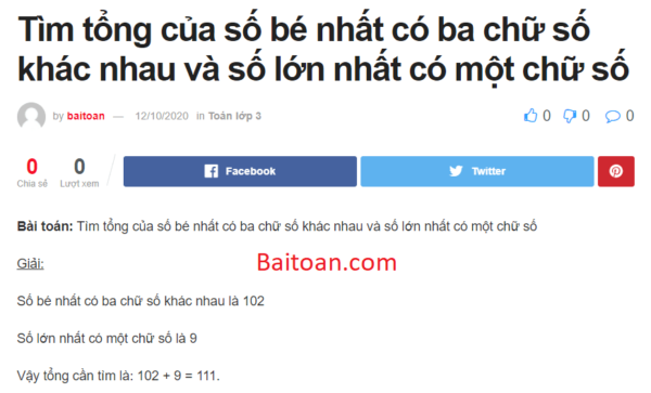 Tìm tổng của số bé nhất có ba chữ số khác nhau và số lớn nhất có một chữ số