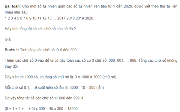 Tính tổng tất cả các chữ số của số tự nhiên gồm các số tự nhiên liên tiếp từ 1 đến 2020