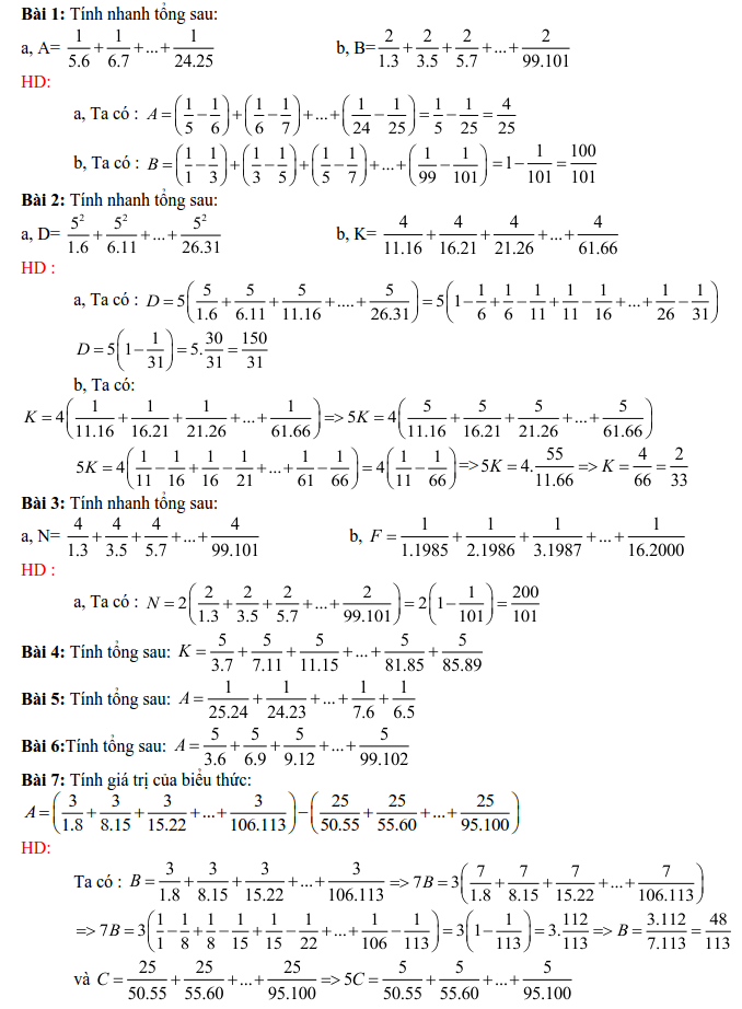 34 bài toán tính tổng phân số nâng cao có hướng dẫn giải