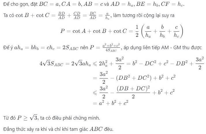 Bài toán chứng minh lượng giác cot A + cot B + cot C ≥ √3
