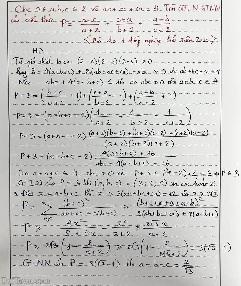 Tìm Max, Min của P = (b+c)/(a+2) + (c+a)/(b+2) + (a+b)/(c+2)