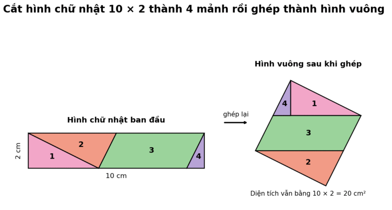 Cách cắt hình chữ nhật 10 cm × 2 cm thành 4 mảnh và ghép thành hình vuông