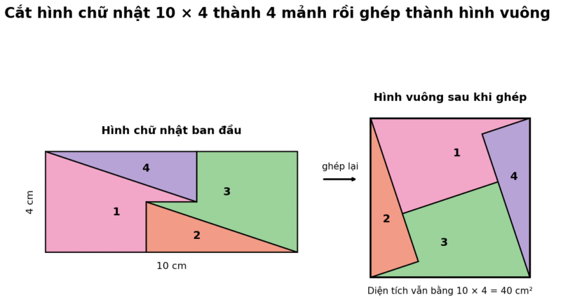Cách cắt hình chữ nhật 10 cm × 4 cm thành 4 mảnh và ghép thành hình vuông
