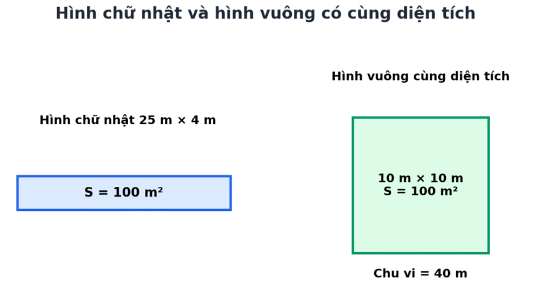 Hình chữ nhật 25 mét nhân 4 mét và hình vuông 10 mét nhân 10 mét cùng diện tích